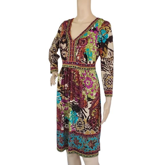 Floral Boho Dress Women's S Knit Stretch V Neck Tie Long Sleeve Brown & Purple - Picture 4 of 13